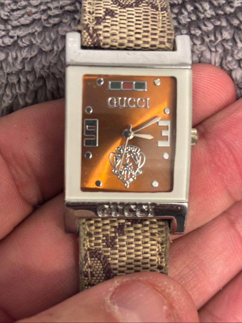 Gucci Orange Sunburst Dial Rectangular Watch with Beige Signature Canvas Strap